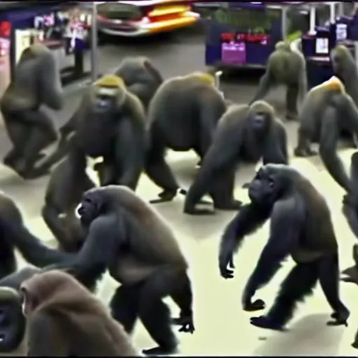 Image similar to cctv footage of a herd of gorillas raiding a walmart with people running away