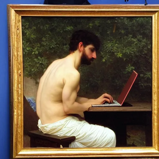 Image similar to an oil painting of an man playing a laptop, view from back, by Bouguereau, highly detailed and intricate,