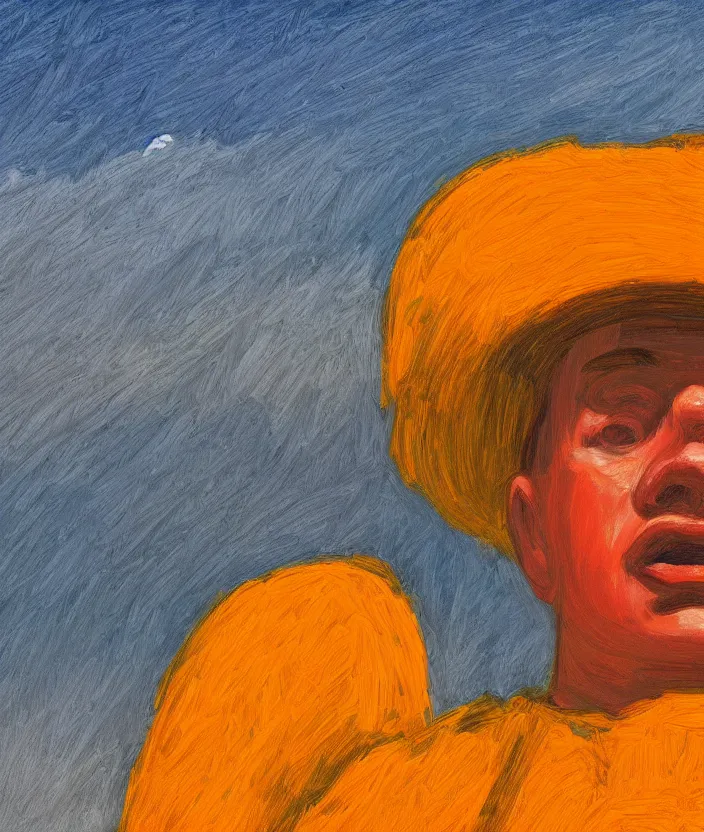 Prompt: a closeup portrait of a man in an orange prisoner overall, standing in beautiful sunflower field, screaming and sad, highly detailed, aesthetic stars in the sky, in the style of edward hopper, very fine brush strokes, 4 k,