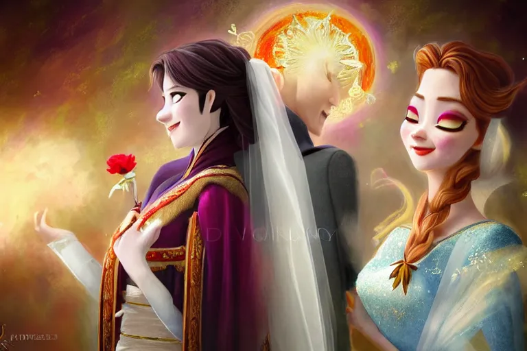 Image similar to a cinematic portrait of wedding photograph jpeg close up moment of a divine a japan sun god and moon goddess lovers magician at a wedding banquet. portraiture. digital painting. artstation. concept art. wedding photo. illustration. frozen ii art masterpiece by art by krenz cushart