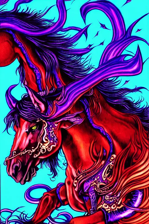 Image similar to illustration of fiery horse demon, black and purple flames, flaming eyes, horse, intricate linework, in the style of moebius, ayami kojima, 1 9 9 0's anime, retro fantasy