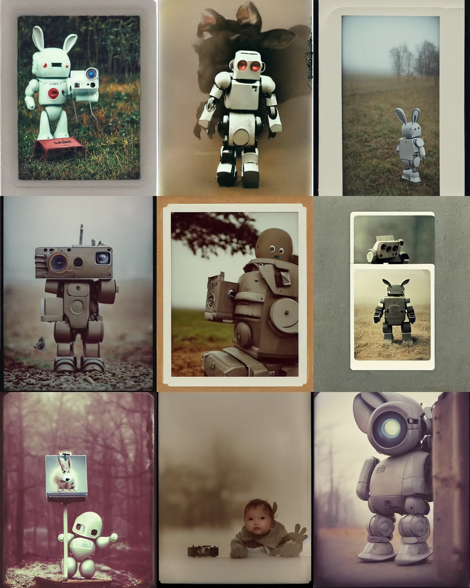 Prompt: giant oversized very sad cute baby rabbit robot mech on a vilage Cinematic focus, Polaroid photo, vintage, neutral colors, soft lights, foggy, by Steve Hanks, by Serov Valentin, by lisa yuskavage, by Andrei Tarkovsky