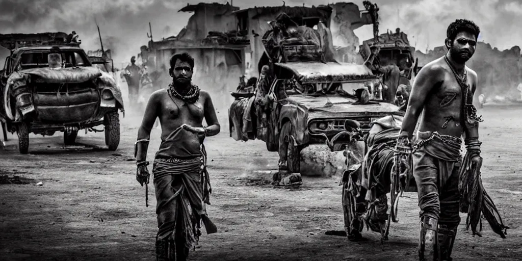 Image similar to sri lankan mad max style, city, film still, epic shot cinematography, rule of thirds