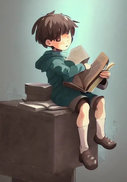 Image similar to beautiful little boy wearing sheep suit reading a book while sitting on chair, gray, blue, green and brown pallet color. made in abyss art style, inspired in kris from deltarrune, cute detailed artwork, anatomically correct, soft details, ilya kuvshinov, reflection, perfect composition, mobile wallpaper, low lighting