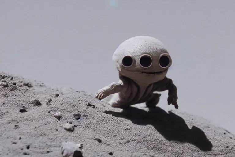 Image similar to vfx movie scene closeup adorable tiny little baby alien creature in moon desert eating a rock. by emmanuel lubezki