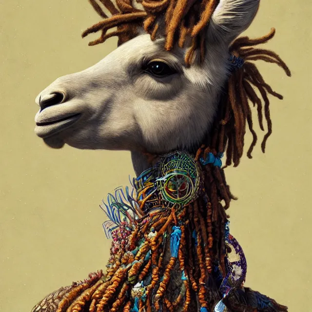 Image similar to llama with dreadlocks, art deco design, by Mandy Jurgens, Ernst Haeckel, James Jean