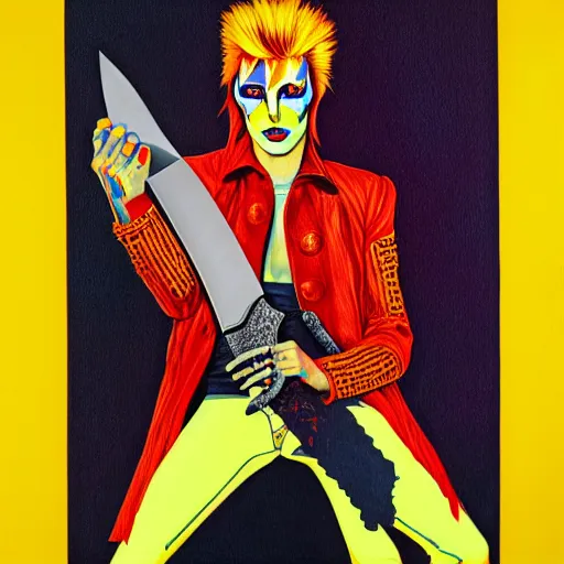 Prompt: Ziggy Stardust holding a Bowie knife, hand, james jean