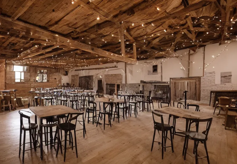Prompt: 30ft x 50ft interior barn renovation as intimate folk music event space with bar and cafe tables 8k photorealistic