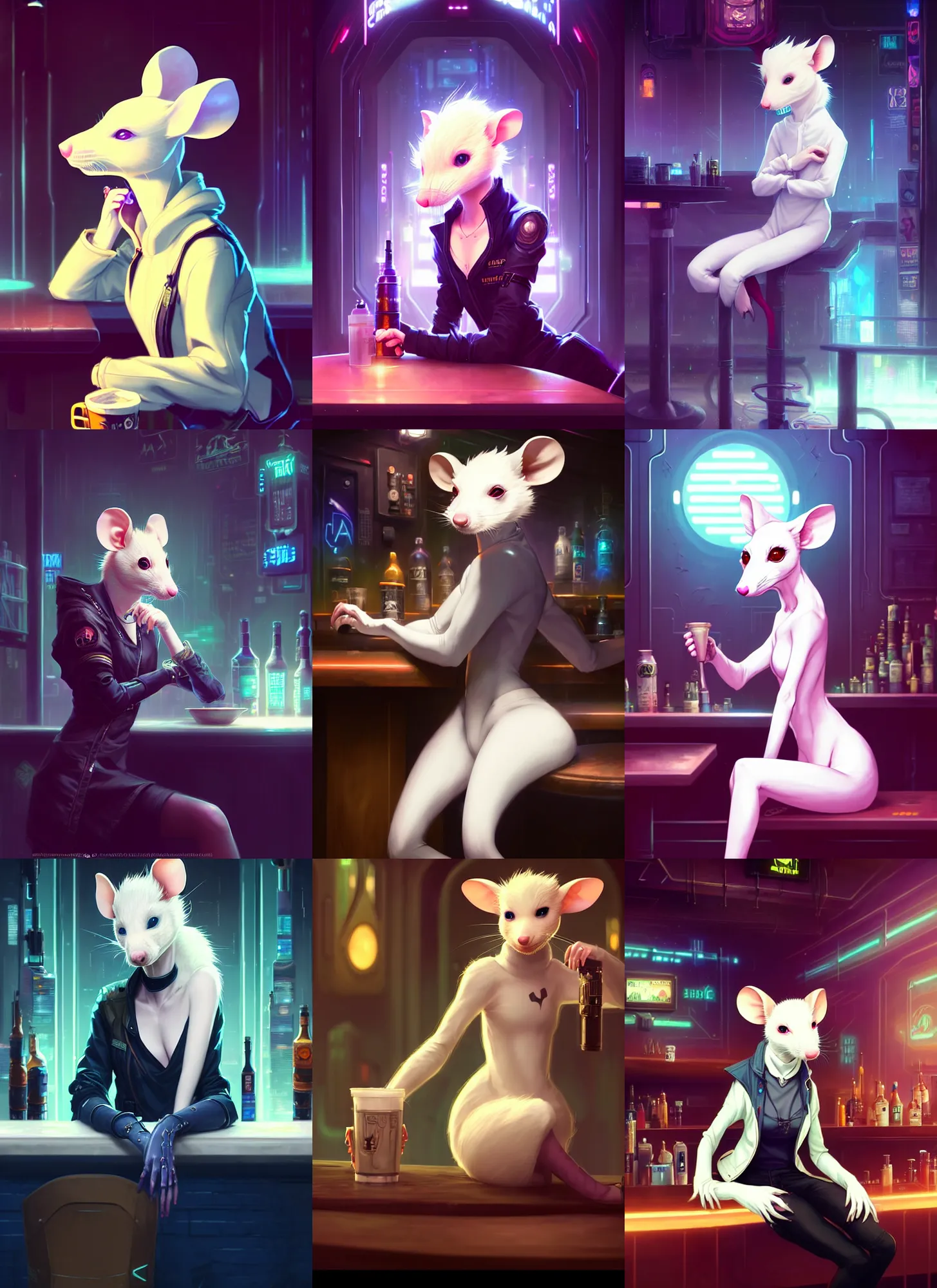 Prompt: beautiful portrait of a female anthropomorphic albino mouse fursona wearing cyberpunk clothes sitting at a cyberpunk bar. character design by disney, charlie bowater, ross tran, artgerm, and makoto shinkai, detailed, soft lighting, rendered in octane
