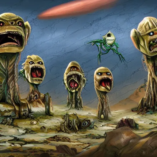 Image similar to extraterrestrial tribe in extraterrestrial village on ancient post - apocalyptic planet, jim henson creature shop, illustration