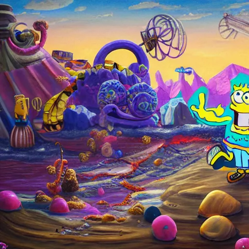 Image similar to spongebob squarepants rides the alaskan bull worm, extremely detailed oil painting, high clarity, highly detailed, abstract, deep aesthetic, 8 k, highly ornate intricate details, cinematic lighting, rich colors, digital artwork, beautiful scenic view, ray tracing, hyperrealistic, photorealistic, cinematic landscape, trending on artstation, concept art,