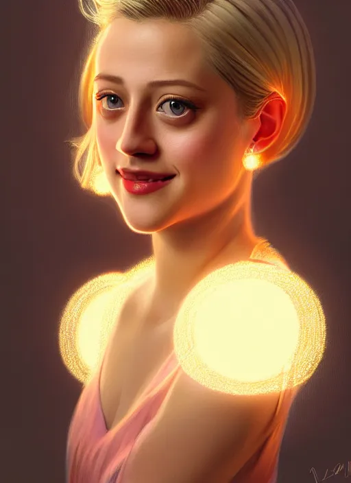 Prompt: portrait of lili reinhart, smiling kindly, bangs, 1 9 6 0 s, ponytail, bangs and ponytail, intricate, elegant, glowing lights, highly detailed, digital painting, artstation, concept art, smooth, sharp focus, illustration, art by wlop, mars ravelo and greg rutkowski