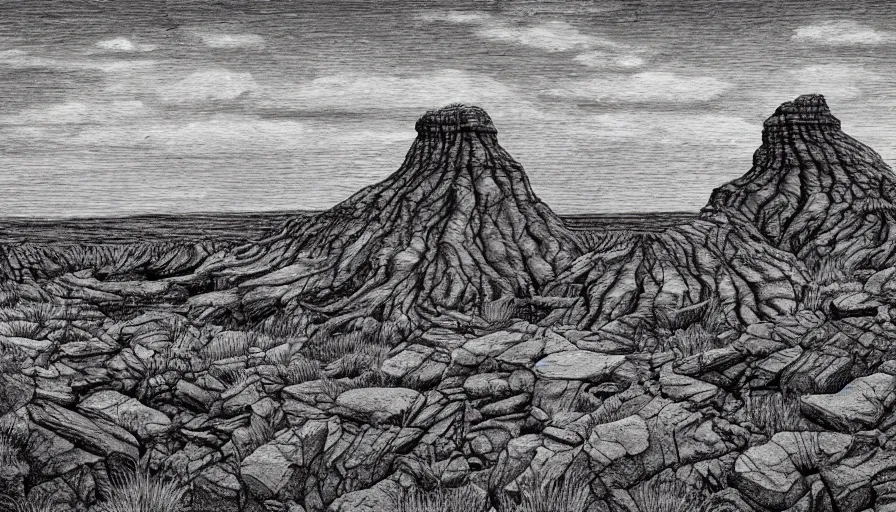 Image similar to petrified forest national park arizona in the style of bernie wrightson horror