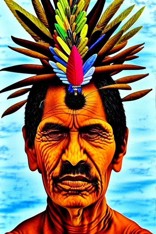 Prompt: Portrait Paintings of a South American Shaman in the style of Luis Tamani,