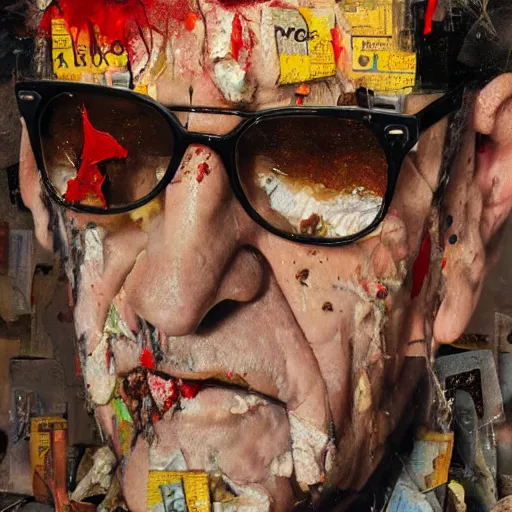 Image similar to hyperrealistic, photorealistic, mixed media oil painting of roy orbison, magazine scraps, plaster, blood, oil, mustard, cigarettes, splatter, trending on artstation, award - winning painting, greg rutkowski, basquiat, ralph steadman, terry gilliam