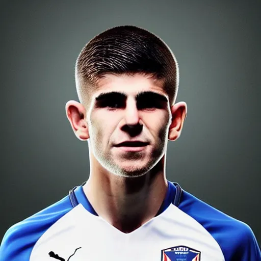 Image similar to “A realistic photo of English football player Christian Pulisic as a part humanoid, part android with shiny skin and wearing his soccer uniform close up very detailed”