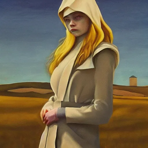 Image similar to Elle Fanning in the painted world of Ghostface, head and shoulders masterpiece, apocalypse, golden hour, cosmic horror, artstation, in the style of Andrew Wyeth and Edward Hopper and Bosch, extremely detailed