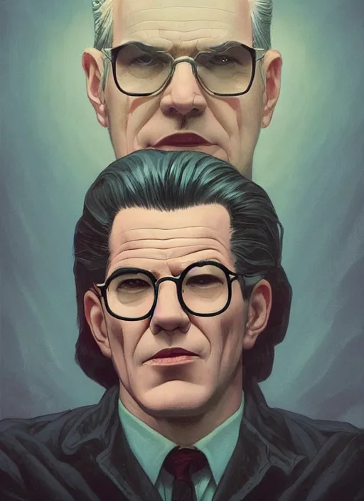 Prompt: Twin Peaks poster artwork by Michael Whelan and Tomer Hanuka, Rendering of portrait of David Mamet, full of details, by Makoto Shinkai and thomas kinkade, Matte painting, trending on artstation and unreal engine