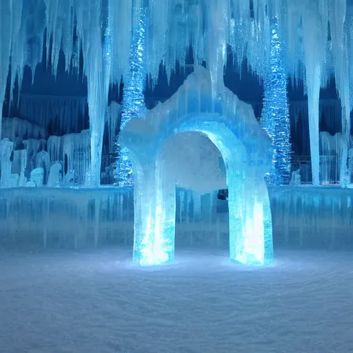 Prompt: ice palace that burns with blue fire