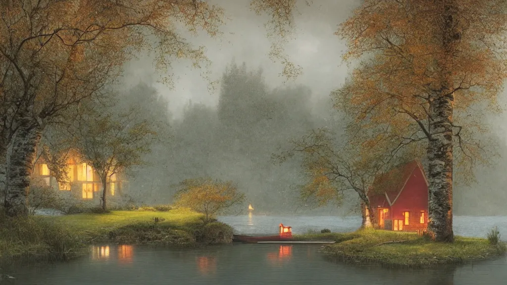 Prompt: small red wooden cottage by the lake, lanterns in the front of the cottage, smoke coming out of the chimney, dusk, birch trees, tranquility, two swans swimming in the lake, two swans, a wooden rowing boat, by Greg Rutkowski, by Charlie Bowater