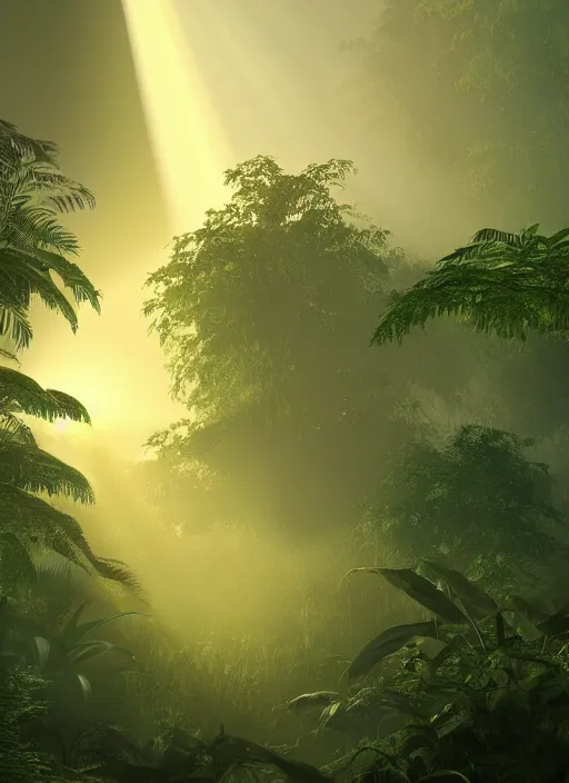 Image similar to jungle with sunrays piercing foliage and fog at dusk, realistic, ultra detailed, artstation