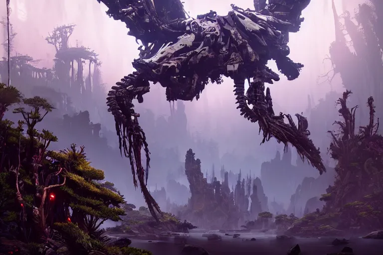 Image similar to wide epic shot from horizon forbidden west. a hyper detailed organic mechanic creatuve realistic similar look as horizon forbidden west horizon zero dawn, bioluminiscence in a dark deep forest at dawn in spring, with reflection and textures, by kilian eng, substance painter reaslitic mech surface metal painted scratches, world env from horizon forbidden west horizon zero dawn