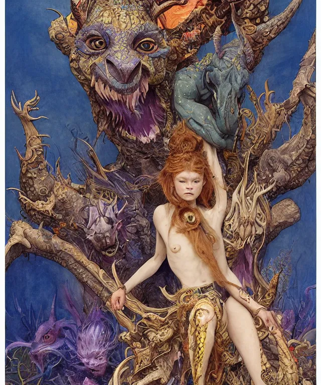 Image similar to a portrait photograph of a meditating fierce sadie sink as a colorful harpy antilope super villian with slimy blue skin with reptilian scales. her body is transforming into an beast. by donato giancola, hans holbein, walton ford, gaston bussiere, peter mohrbacher and brian froud. 8 k, cgsociety, fashion editorial