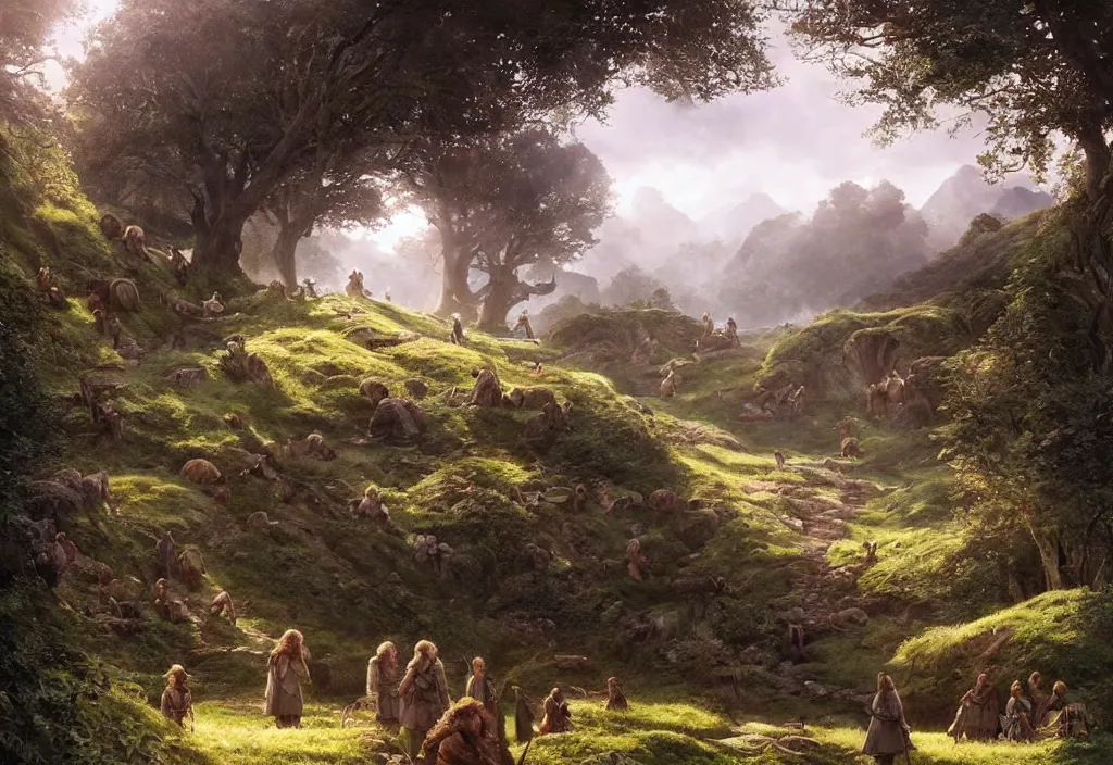 Image similar to hobbits in the shire scenery landscape, lord of the rings, highly detailed, perfect lighting, perfect composition, 4 k, artgerm, derek zabrocki, greg rutkowski