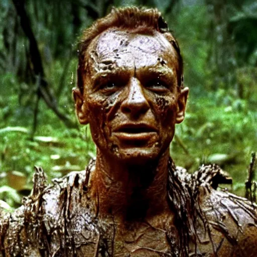 Image similar to cinematic still of frank sinatra, covered in mud and watching a predator in a swamp in 1 9 8 7 movie predator, hd, 4 k