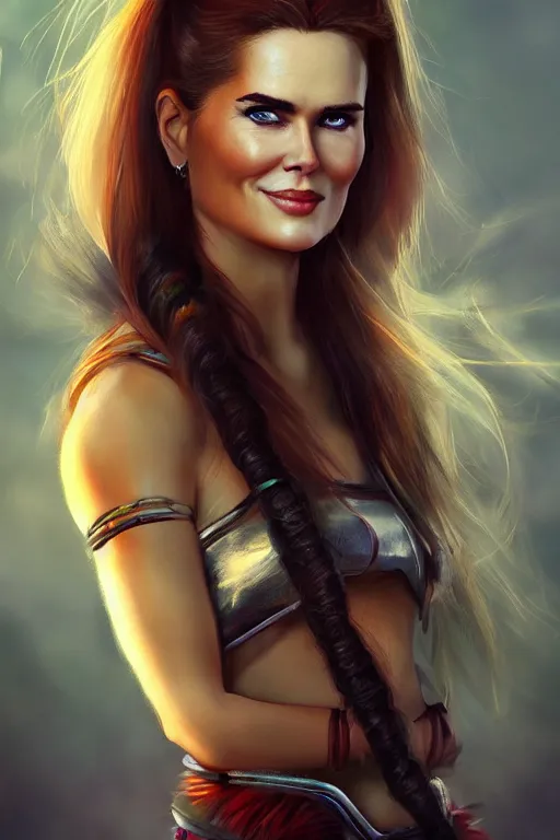 Image similar to mix of beautiful young maria shriver, mariel hemmingway, brooke shields, nicole kidman and elle macpherson as a young amazon warrior, thin lips, hair tied up in a pony tail, dark blonde hair, colorful, artstation, cgsociety