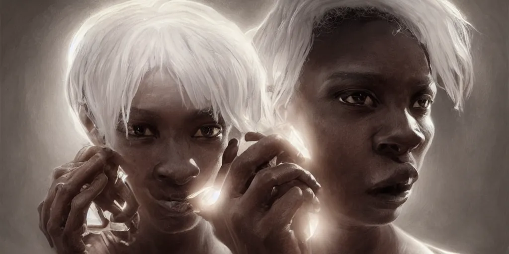 Image similar to black skin, many hands, gnarled fingers, intense black eyes, intense white hair, many mouths, just hands and eyes and mouths, intense lighting, light beams, lens flare, intricate, elegant, highly detailed, digital painting, artstation, concept art, smooth, sharp focus, illustration, art by artgerm and greg rutkowski and alphonse mucha