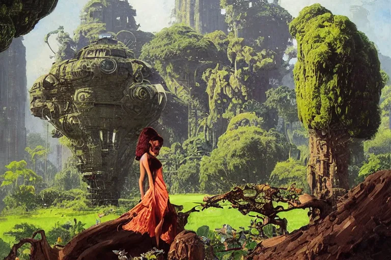 Image similar to pulp scifi illustration, elegant black woman watches spacecraft land in garden of stately home, flowers, baobab trees, distant town in valley and hills, by norman rockwell, jack kirby, john berkey, bergey, craig mullins, ruan jia, raymond swanland, jeremy mann, beksinski, tom lovell, alex malveda, schomburg