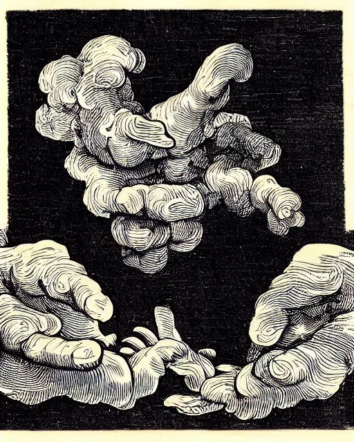 Image similar to a woodcut of billowy smoke surrounding a pair of floating hands by henricus hondius ii, featured on flickr, mannerism, grotesque, woodcut, macabre, highly detailed