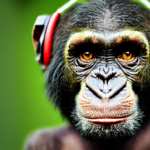 Image similar to a high quality photo of a green chimp wearing headphones, realism, 8k