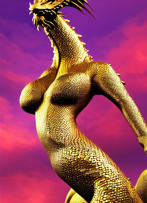 Prompt: photo of a dragon with gleaming metallic gold dragon scales for skin in the style of stefan kostic, realistic, full body shot in bikini, sharp focus, 8 k high definition, insanely detailed, intricate, elegant, art by stanley lau and artgerm, extreme bokeh foliage