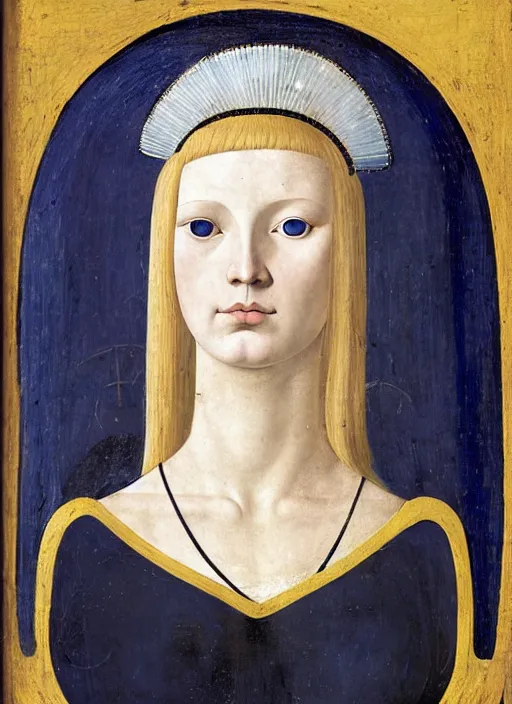 Image similar to portrait of young woman in medieval dress and medieval headdress, blue eyes and blond hair, style by piero della francesca