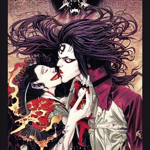 Image similar to vampire kiss, by yoichi hatakenaka, masamune shirow, josan gonzales and dan mumford, ayami kojima, takato yamamoto, karol bak