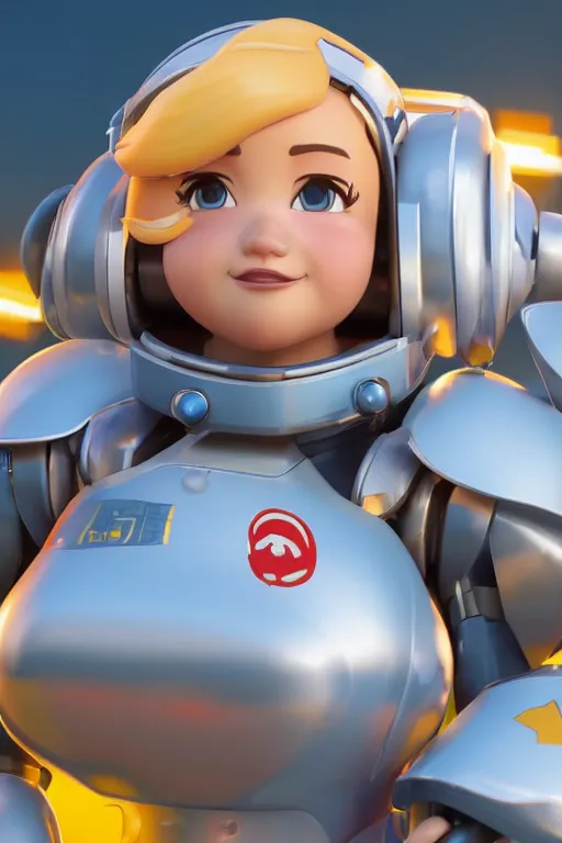 Prompt: cute chubby mecha pilot woman with blonde wavy hair| stylized | art style of disney pixar movie | HD 8k | rendered by octane