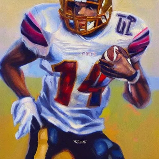 Prompt: “buff football player oil panting golden hour”