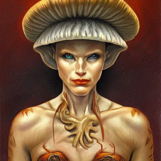 Prompt: portrait of a female mushroom warrior, by Gerald Brom