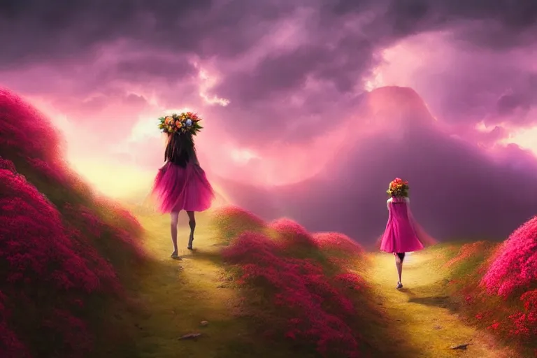 Image similar to giant dahlia flower crown under head, girl walking on dramatic mountain, surreal photography, pink storm clouds, sunset, impressionist painting, digital painting, artstation, simon stalenhag