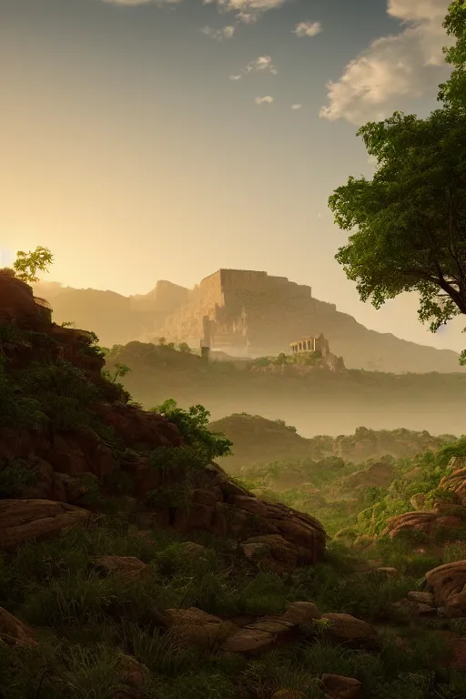 Image similar to an endless desert landscape with lush vegetation in the style of thomas cole with a single parthenon placed in the middle of the foreground, raytracing, 8 k, octane render, volumetric, vivid, beautiful, hyperrealism