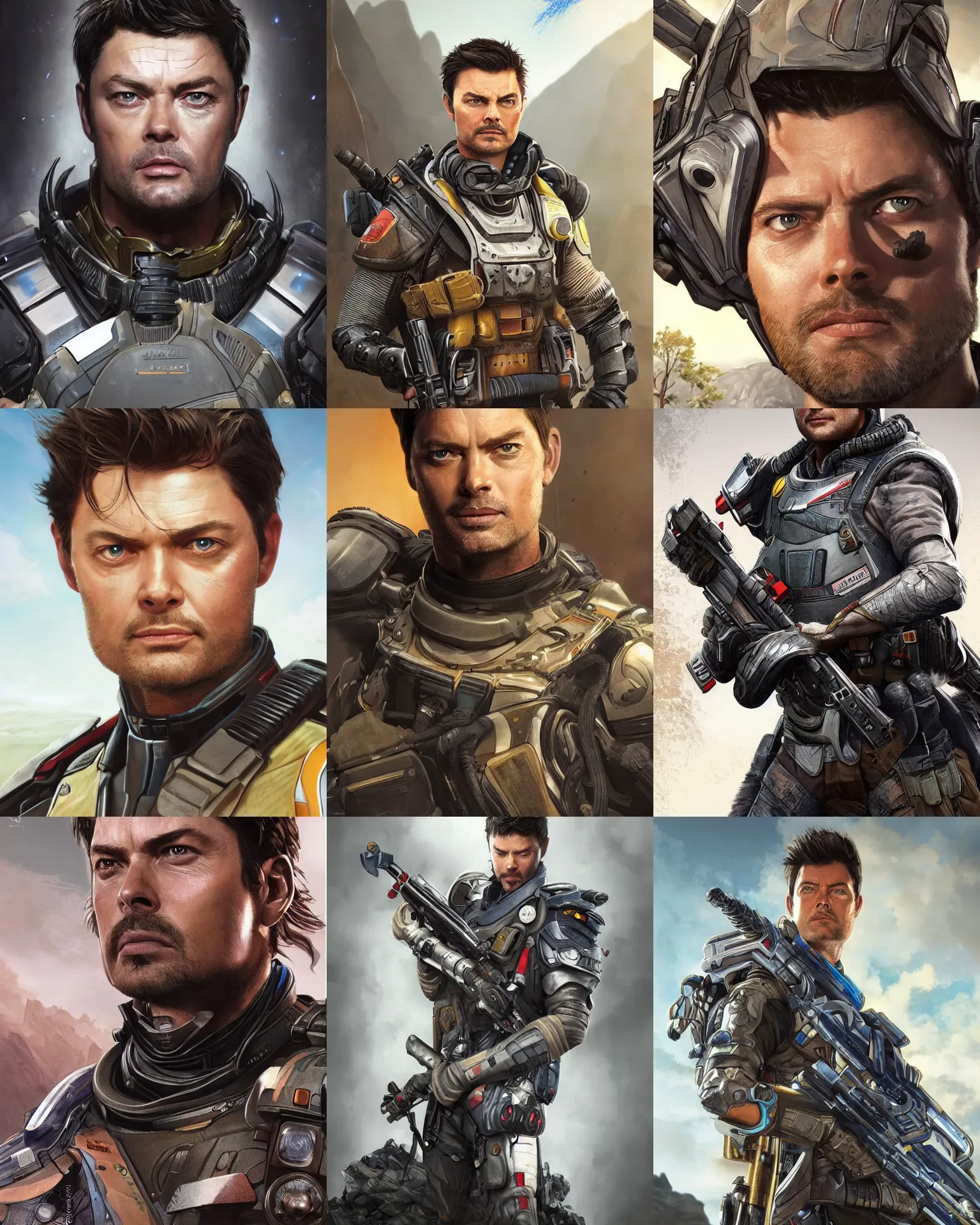 Prompt: Karl Urban as an Apex Legends character digital illustration portrait design by, Mark Brooks and Brad Kunkle detailed, gorgeous lighting, wide angle action dynamic portrait
