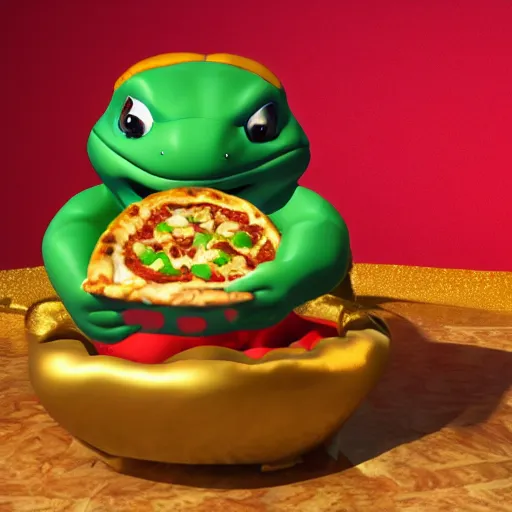 Prompt: a gigantic ninja turtle potato eating a pizza while sitting in a golden throne, 3D render 8K