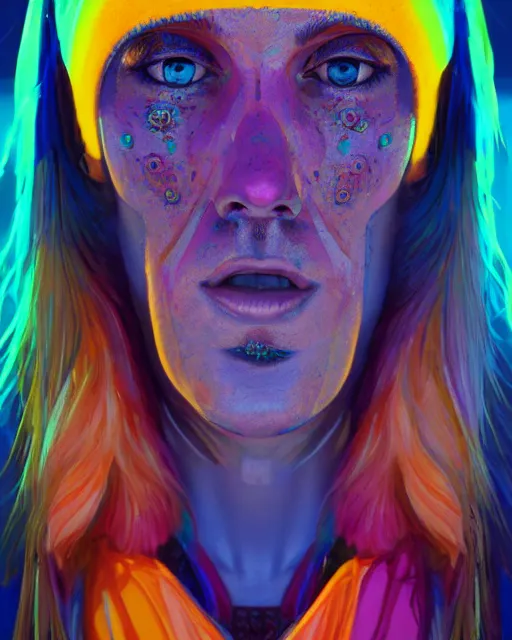 Image similar to colorful portrait of a hippie from the future, set in the future 2 1 5 0 | highly detailed face | very intricate | symmetrical | professional model | cinematic lighting | award - winning | painted by mandy jurgens | pan futurism, dystopian, bold colors, cyberpunk, groovy vibe, anime aesthestic | featured on artstation