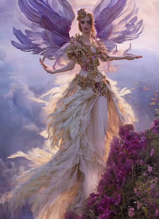 Prompt: real photoshoot heaven goddess, wearing a feathered cloak and a fancy silk floral dress, ornate, ultra realistic, concept art, intricate details, eerie, highly detailed, photorealistic, octane render, 8 k, unreal engine. art by artgerm and greg rutkowski and charlie bowater and magali villeneuve and alphonse mucha