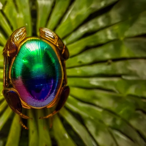 Image similar to an ultra high definition and realistic iridiscent scarab in the jungle, close-up, 35mm
