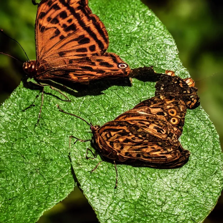 Prompt: a macro photo of a steampunk butterfly resting on a leaf in the garden, background bokeh