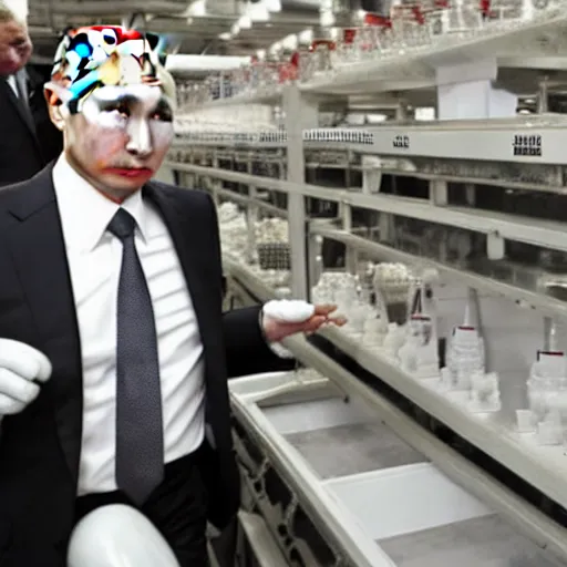 Image similar to vladimir putin inspecting the quality of soap in a soap factory