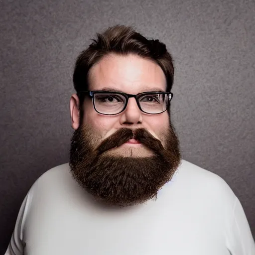 Prompt: 2 0 0 lb man, beard, combed hair, tan, big nose, breathing, hairy chest, glasses, and thick mustache, porfessional photography portrait, studio background